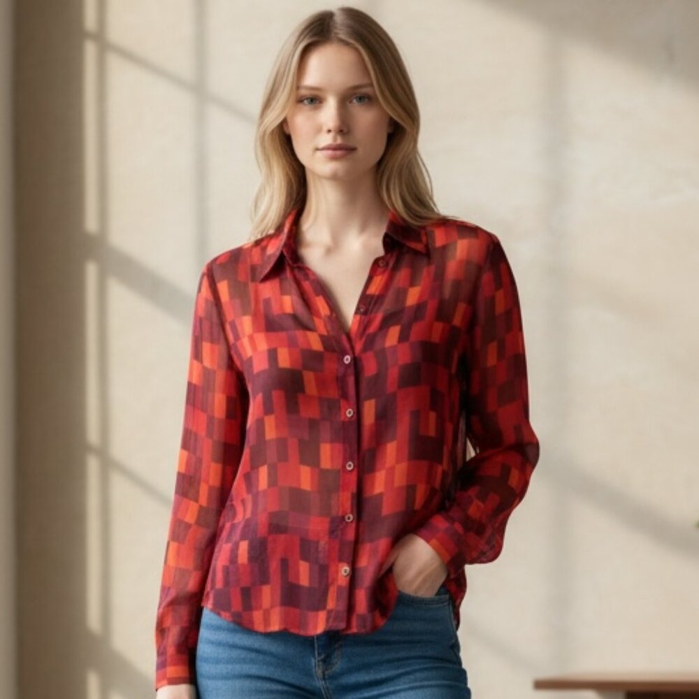 Jones New York Sheer Silk Button Up Blouse Sz 6 Burgundy  Red Multicolor‎ #27M